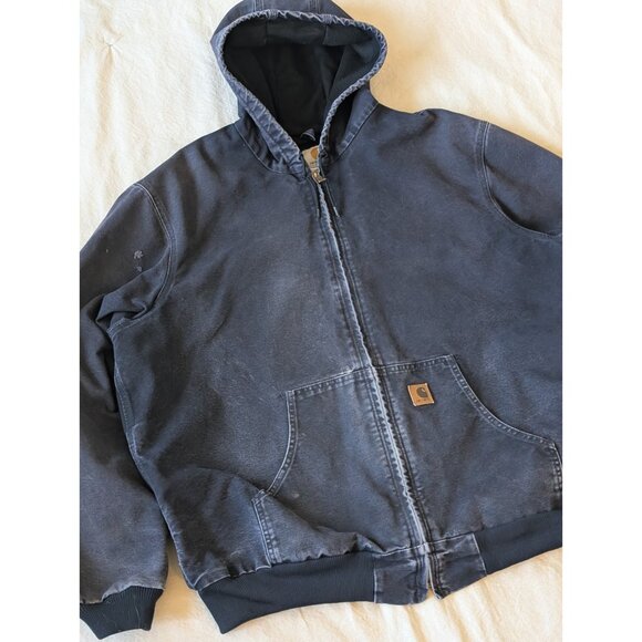 Carhartt Vintage 90s Faded Navy Hooded Thermal Lined Canvas Jacket J25MDT 2XLT - Picture 1 of 9